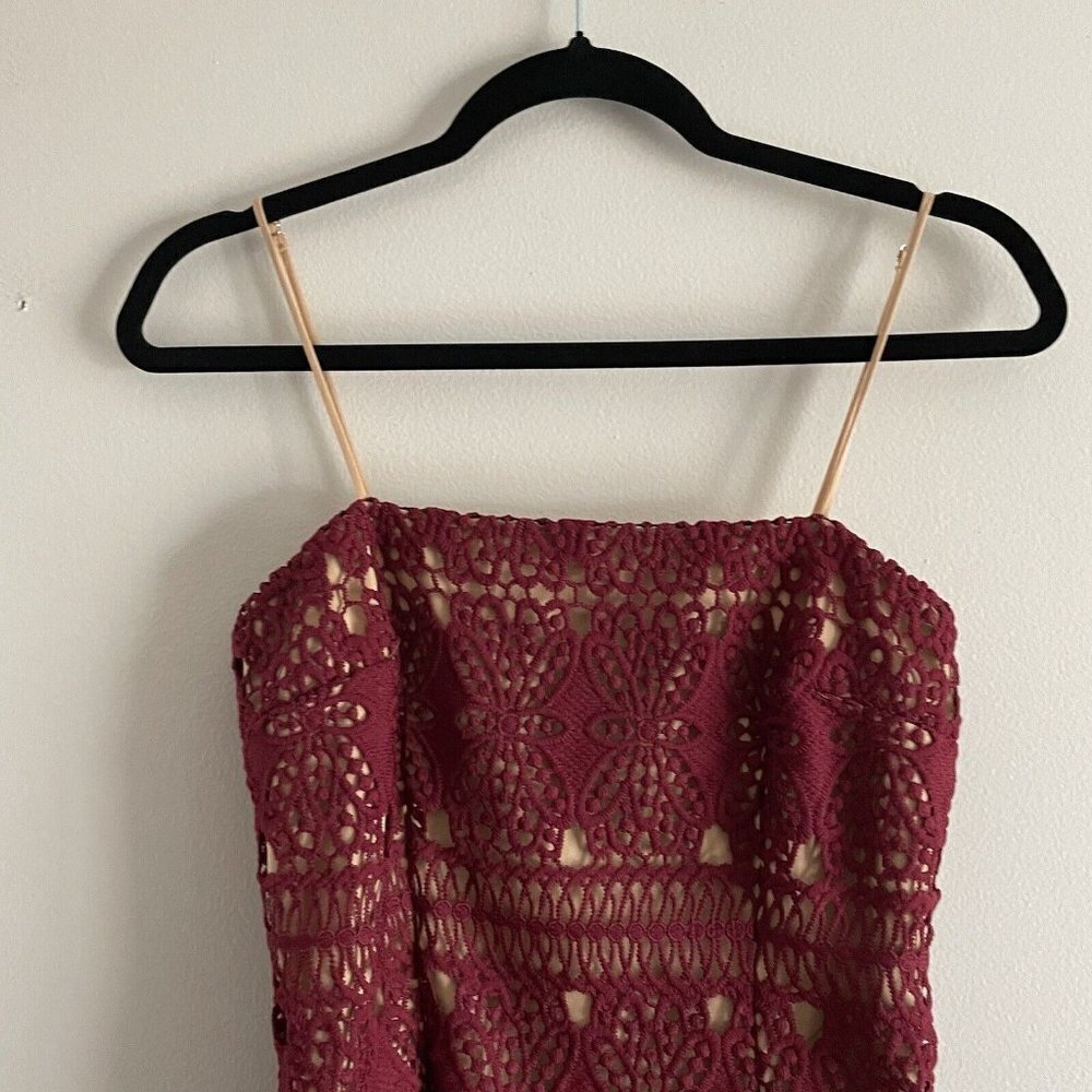 Lulus Women S Spaghetti Straps Adara Burgundy Crochet Lace Sheath Mini Dress - Picture 4 of 9